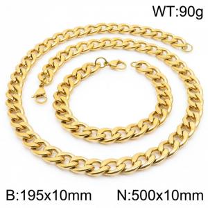 Stainless steel 195x10mm&500x10mm cuban chain fashional lobster clasp classic simple style gold sets - KS198882-Z