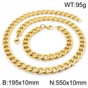 Stainless steel 195x10mm&550x10mm cuban chain fashional lobster clasp classic simple style gold sets - KS198883-Z