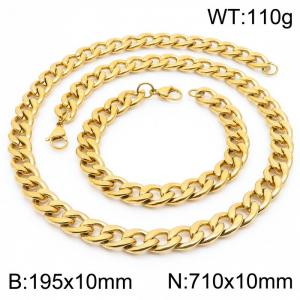 Stainless steel 195x10mm&710x10mm cuban chain fashional lobster clasp classic simple style gold sets - KS198886-Z