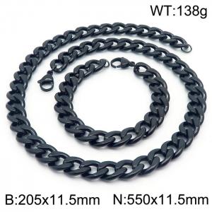 Stainless steel 205x11.5mm&550x11.5mm cuban chain fashional lobster clasp classic simple style black sets - KS198890-Z