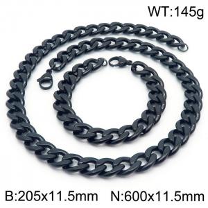 Stainless steel 205x11.5mm&600x11.5mm cuban chain fashional lobster clasp classic simple style black sets - KS198891-Z