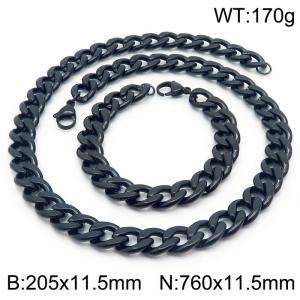 Stainless steel 205x11.5mm&760x11.5mm cuban chain fashional lobster clasp classic simple style black sets - KS198894-Z