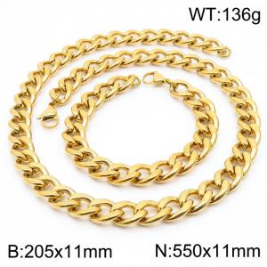 Stainless steel 205x11mm&550x11mm cuban chain fashional lobster clasp classic simple style gold sets - KS198897-Z