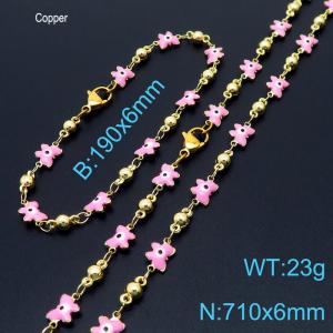 Temperament Ins Pink Butterfly Eye Copper Necklace Beacelet 18K Gold Plated Women Fashion Jewelry Set - KS198927-Z