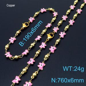 Temperament Ins Pink Butterfly Eye Copper Necklace Beacelet 18K Gold Plated Women Fashion Jewelry Set - KS198928-Z