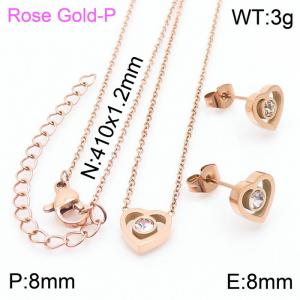 Stainless steel 410x1.2mm welding chain lobster clasp crystal heart charm rose gold set - KS199065-K