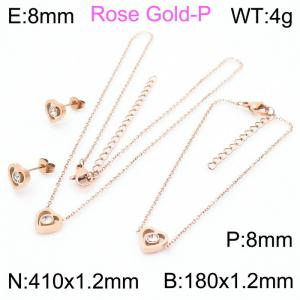 Stainless steel 410x1.2mm&180x1.2mm welding chain lobster clasp crystal heart charm rose gold set - KS199067-K