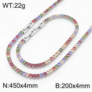 Women Square Colorful Zircons Jewelry Set with Silver Color 450X4mm Necklace&200X4mm Bracelet - KS199343-KFC