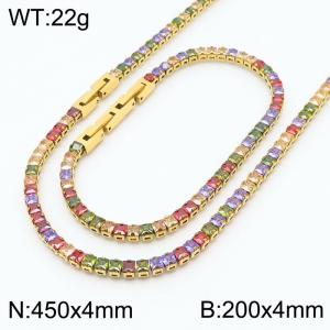 Women Square Colorful Zircons Jewelry Set with Gold Plated 450X4mm Necklace&200X4mm Bracelet - KS199344-KFC
