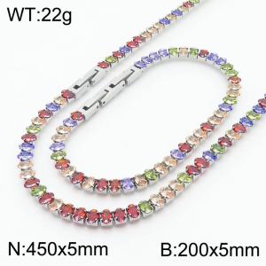 Women Oval Colorful Zircons Jewelry Set with Silver Color 450X5mm Necklace&200X5mm Bracelet - KS199351-KFC