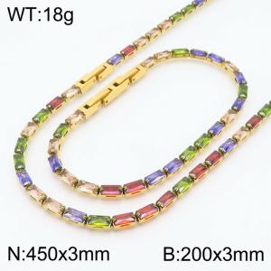 Women Colorful Zircons Jewelry Set with Gold Plated 450X3mm Necklace&200X3mm Bracelet - KS199358-KFC