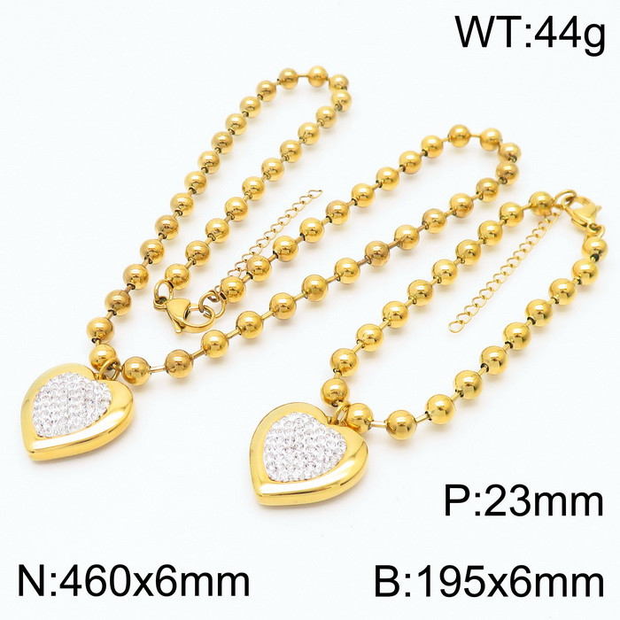 6mm Beads Chain Jewelry Set Stainless Steel Bracelet & Necklace With Heart Charm Gold Color