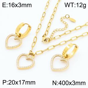 Stainless steel 400X3mm link chain with hollow love heart crystal charm fashional gold earring set - KS200548-KLX