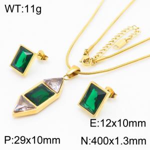 Stainless steel 400X1.3mm snake chain with two transparent stone triangle square green stone charm fashional gold earring set - KS200549-KLX