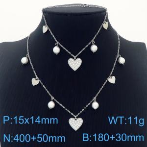 Cubic Zirconia Heart-Shaped Earrings, Pendant Necklace & Bracelet With Shell Beads Silver Stainless Steel Jewelry Set For Women - KS203406-KLX