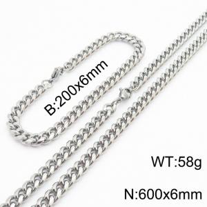 6mm Miami Cuban Link Chain Set For Men Silver Plated Stainless Steel Bracelet & Necklace - KS203414-TK