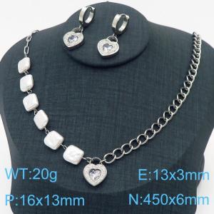Stainless steel square pearl splicing mixed chain with brick and stone heart-shaped pendant jewelry fashion silver set - KS203892-KSP