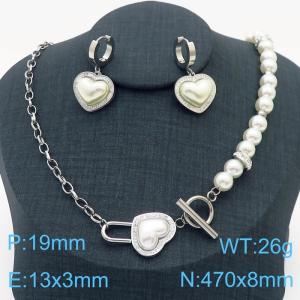 Stainless steel O-chain splicing string pearl chain OT buckle heart shaped accessory jewelry temperament silver set - KS203894-KSP