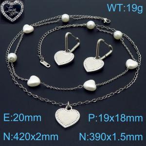 Stainless steel double layer chain splicing pearl heart shaped and round bead hanging love pendant temperament silver set - KS203901-KSP
