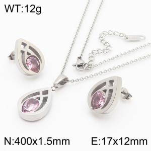 Fashionable stainless steel hollowed out droplet shaped inlay with pink transparent diamond pendant charm 2-piece silver set - KS204172-KLX