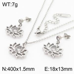Fashionable stainless steel lotus shaped inlaid transparent brick pendant charm jewelry 2-piece silver set - KS204174-KLX