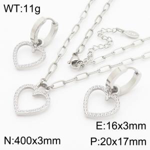 Fashionable stainless steel with hollowed out heart shaped diamond pendant charm jewelry 2-piece silver set - KS204175-KLX