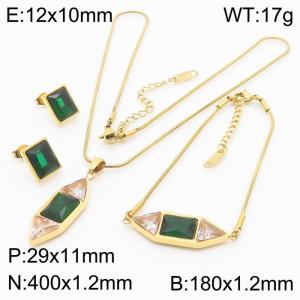 Fashionable stainless steel Hexagonal prism inlaid with triangular transparent diamond and square green gem jewelry pendant charm 3-piece gold set - KS204180-KLX