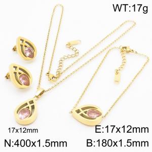 Fashionable stainless steel hollowed out droplet shaped inlay with pink transparent diamond pendant charm 3-piece gold set - KS204181-KLX