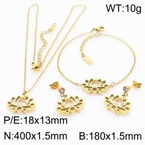 Fashionable stainless steel lotus shaped inlaid transparent brick pendant charm jewelry 3-piece gold set - KS204184-KLX
