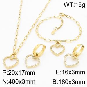 Fashionable stainless steel hollow heart shaped diamond pendant charm jewelry 3-piece gold set - KS204185-KLX