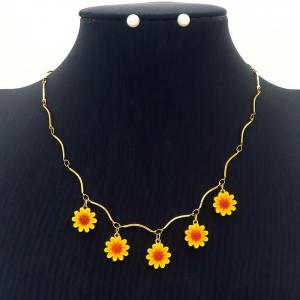 Sunflower Pendant Necklace With Pearl Earring Jewelry Set Women Stainless Steel 304 Gold Color - KS204205-BI