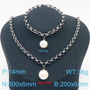 Stainless Steel Set Necklace And Bracelet O Chain With Shell Pearl Silver Color - KS204242-Z