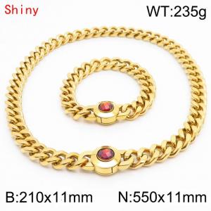 Personalized and trendy titanium steel polished Cuban chain gold bracelet necklace set, paired with red crystal snap closure - KS204261-Z