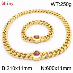 Personalized and trendy titanium steel polished Cuban chain gold bracelet necklace set, paired with red crystal snap closure - KS204262-Z