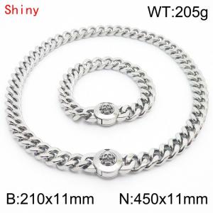High Quality Stainless Steel 210×11mm Bracelet 450×11mm Necklace for Men Silver Color Curb Cuban Link Chain Skull Clasp Hip Hop Jewelry Sets - KS204294-Z