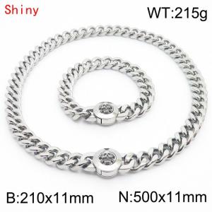 High Quality Stainless Steel 210×11mm Bracelet 500×11mm Necklace for Men Silver Color Curb Cuban Link Chain Skull Clasp Hip Hop Jewelry Sets - KS204295-Z