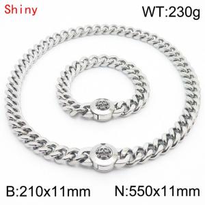 High Quality Stainless Steel 210×11mm Bracelet 550×11mm Necklace for Men Silver Color Curb Cuban Link Chain Skull Clasp Hip Hop Jewelry Sets - KS204296-Z