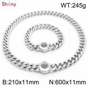 High Quality Stainless Steel 210×11mm Bracelet 600×11mm Necklace for Men Silver Color Curb Cuban Link Chain Skull Clasp Hip Hop Jewelry Sets - KS204297-Z