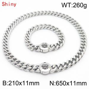 High Quality Stainless Steel 210×11mm Bracelet 650×11mm Necklace for Men Silver Color Curb Cuban Link Chain Skull Clasp Hip Hop Jewelry Sets - KS204298-Z
