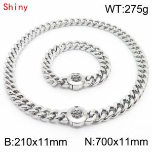 High Quality Stainless Steel 210×11mm Bracelet 700×11mm Necklace for Men Silver Color Curb Cuban Link Chain Skull Clasp Hip Hop Jewelry Sets - KS204299-Z