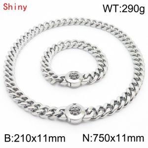 High Quality Stainless Steel 210×11mm Bracelet 750×11mm Necklace for Men Silver Color Curb Cuban Link Chain Skull Clasp Hip Hop Jewelry Sets - KS204300-Z