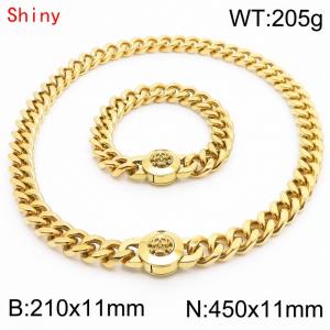 High Quality Stainless Steel 210×11mm Bracelet 450×11mm Necklace for Men Gold Color Curb Cuban Link Chain Skull Clasp Hip Hop Jewelry Sets - KS204301-Z