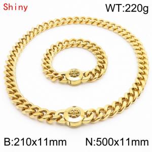 High Quality Stainless Steel 210×11mm Bracelet 500×11mm Necklace for Men Silver Color Curb Cuban Link Chain Skull Clasp Hip Hop Jewelry Sets - KS204303-Z