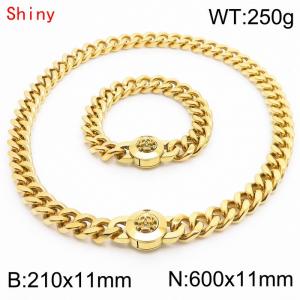 High Quality Stainless Steel 210×11mm Bracelet 600×11mm Necklace for Men Silver Color Curb Cuban Link Chain Skull Clasp Hip Hop Jewelry Sets - KS204304-Z