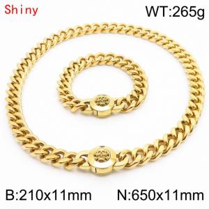 High Quality Stainless Steel 210×11mm Bracelet 650×11mm Necklace for Men Silver Color Curb Cuban Link Chain Skull Clasp Hip Hop Jewelry Sets - KS204305-Z