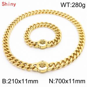 High Quality Stainless Steel 210×11mm Bracelet 700×11mm Necklace for Men Silver Color Curb Cuban Link Chain Skull Clasp Hip Hop Jewelry Sets - KS204306-Z