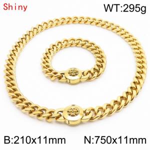 High Quality Stainless Steel 210×11mm Bracelet 750×11mm Necklace for Men Silver Color Curb Cuban Link Chain Skull Clasp Hip Hop Jewelry Sets - KS204307-Z