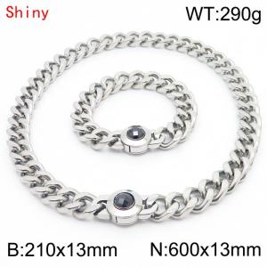 Fashion Curb Cuban Link Chain 210×13mm Bracelet 600×13mm Necklace for Men Women Basic Punk Stainless Steel Black Stone Clasp Jewelry Sets - KS204311-Z