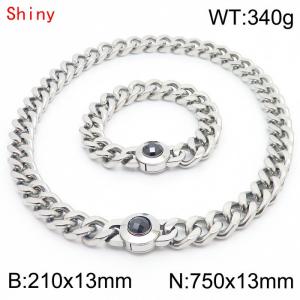 Fashion Curb Cuban Link Chain 210×13mm Bracelet 750×13mm Necklace for Men Women Basic Punk Stainless Steel Black Stone Clasp Jewelry Sets - KS204314-Z