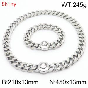 Hiphop Heavy Cuban Link Chains 210×13mm Bracelet 450×13mm Necklaces Male Silver Color Stainless Steel Jewelry Sets For Men Women - KS204315-Z